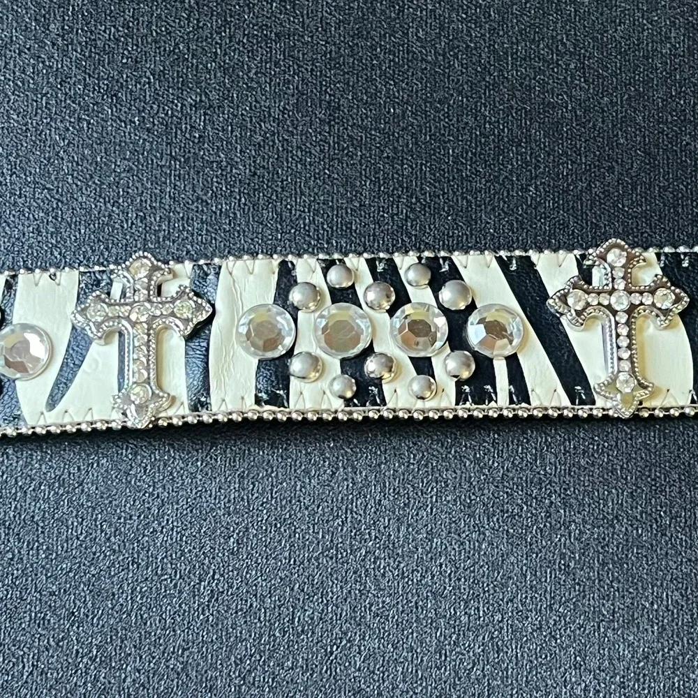 BHW Zebra Print Rhinestone Western Belt L Genuine Leather Cross Studded Rodeo